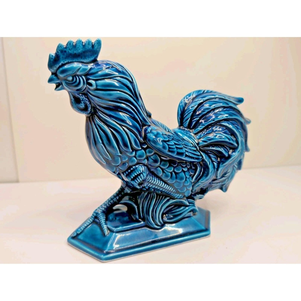 Inarco Blue Ceramic Rooster Statue Figurine Japan 7" Very Nice MCM 1950s Vintage